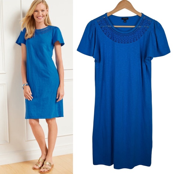 Talbots Womens Embroidered Neck Shift Dress Size Medium Blue Casual Everyday - Picture 1 of 9